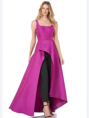 NWT Kay Unger Cerise Jacquard Asymmetric Ruffle Maxi Romper Jumpsuit